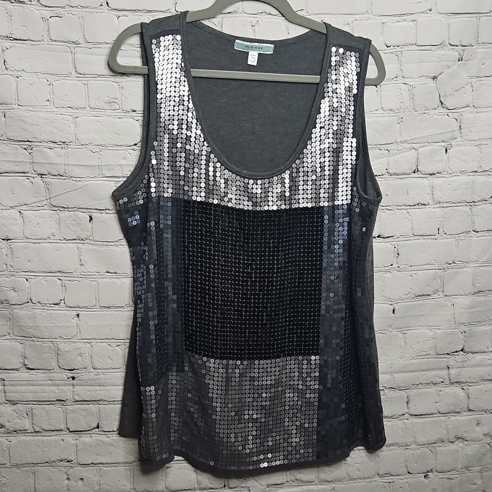 Pleione Black Silver Sequin Colorblock Top XLarge